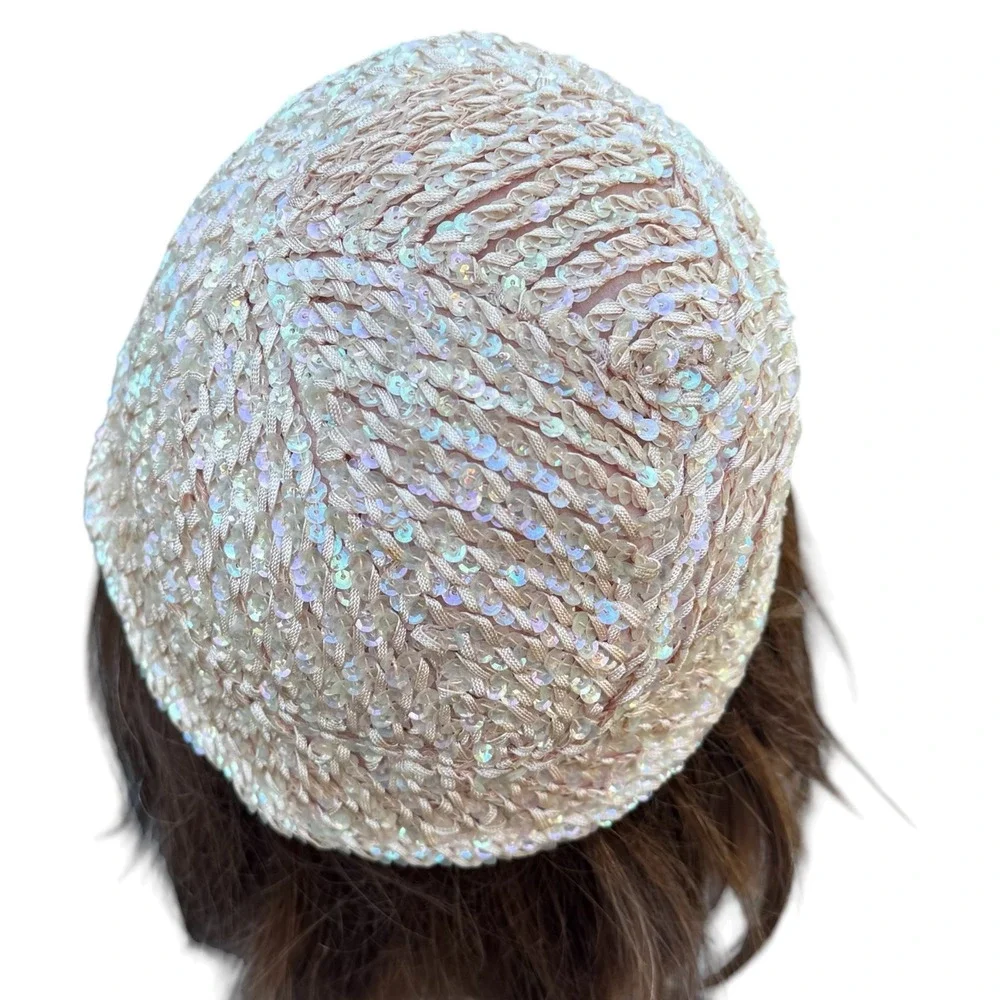 Vintage Style Pink Sequin Cloche Hat Iridescent Beaded Cocktail Skull Cap